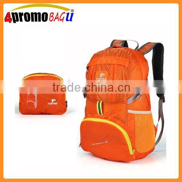 Highlights water-resistant compact foldable backpack