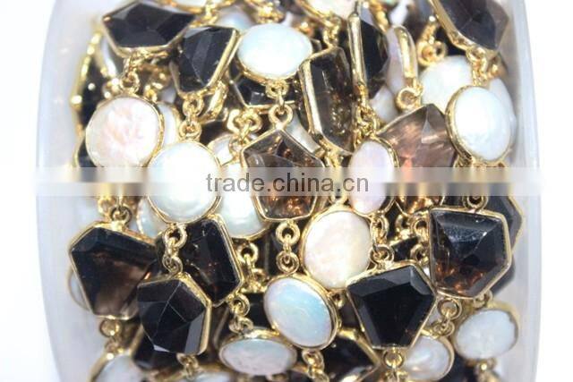 Smoky Quartz Fresh water Pearl Fancy Bezel Setting Chain