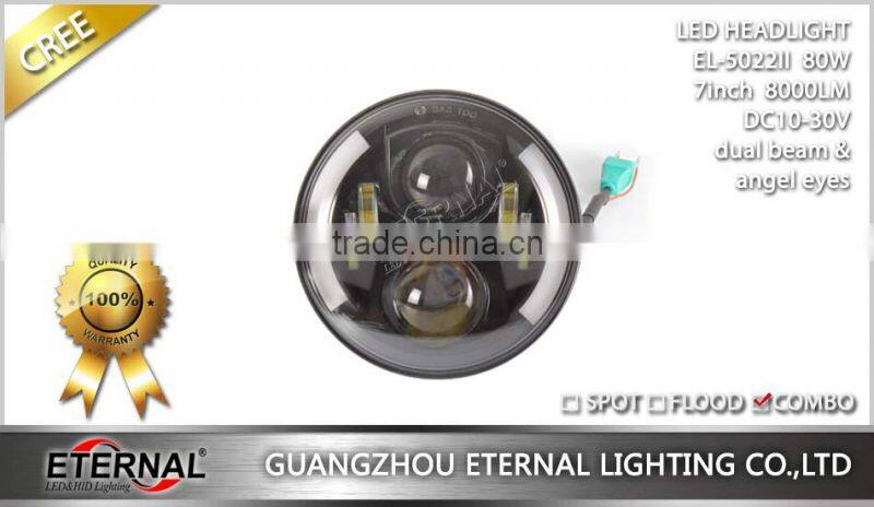 80W 7in round 4WD off-road truck SUV automotive vehicles sealed dual beam led headlight lamp