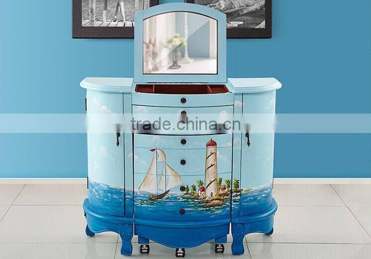 Mediterranean Style Dresser, Sailing Boat Handpainting Dressing Table and Chair, Wooden Multifunctional Dresser (BF01-X1155)