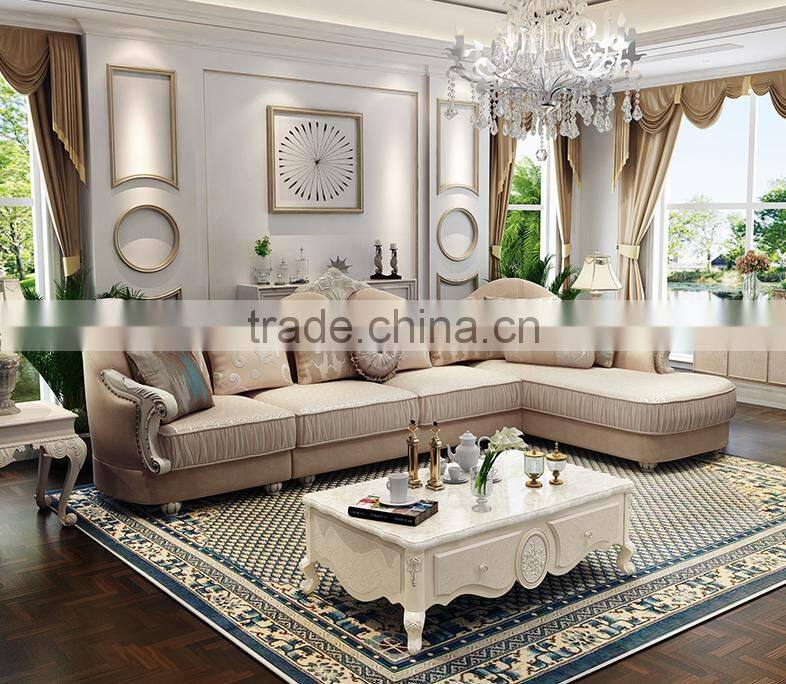 Warm blue color flower painting fabric corner sofa set