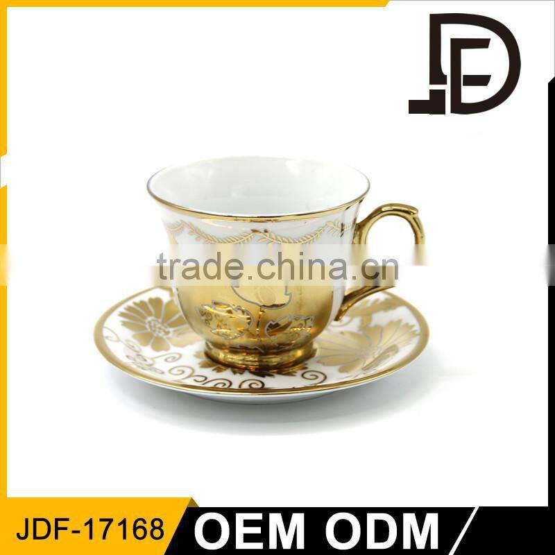 Janpanese style flower cup and yellow saucers for tea coffee with golden lace