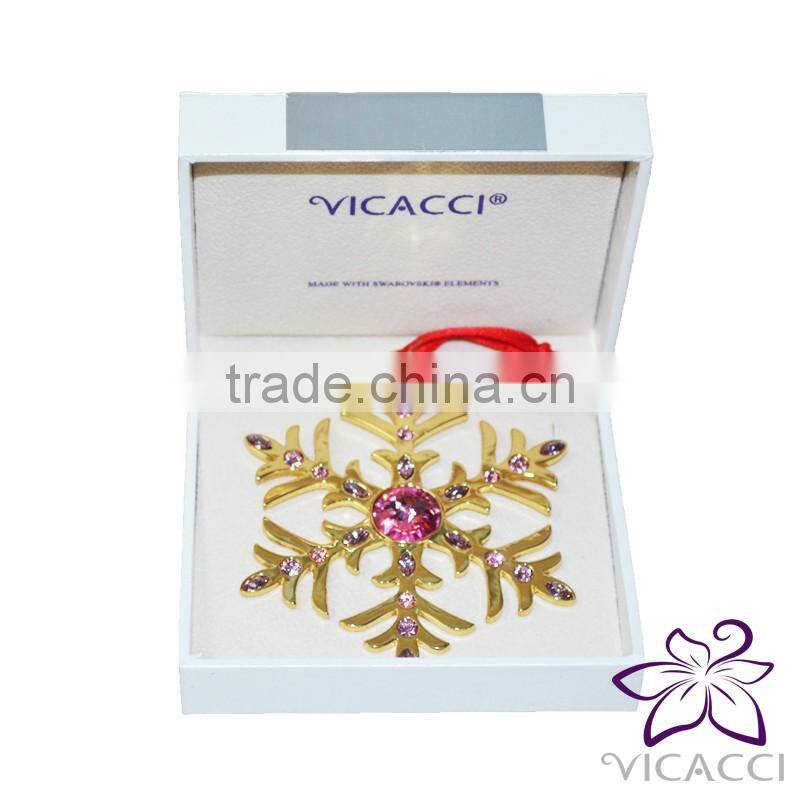 Xmas Ornament VICACCI 14K Yellow Gold Plated Metal Xmas Snowflake with Pink Crystals from Swarovski