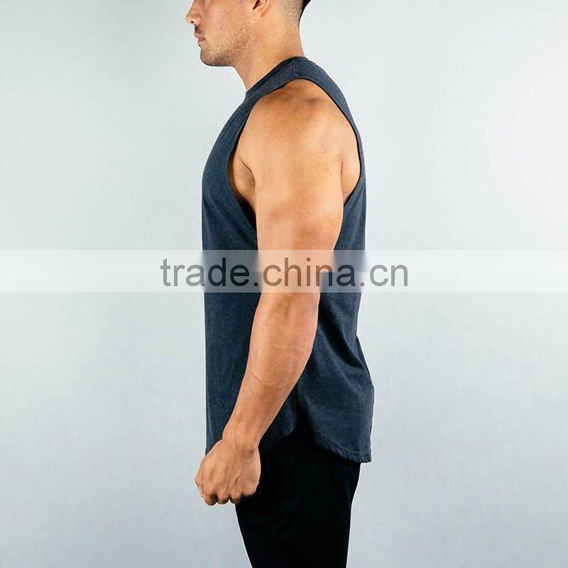Soft Cotton Elastane blend Gym Fitted Muscle Tee Fashion Design Cut Off Shirt High Neck Curved Hem Tank Top