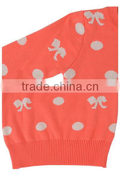 2014 Spring girl's allover jacquard bowknot and polka dot pattern pullover sweater