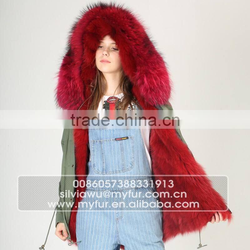 Myfur Fashion Army Green Parka with Fox Fur Lining And Big Size Raccoon Fur Hooded Parka