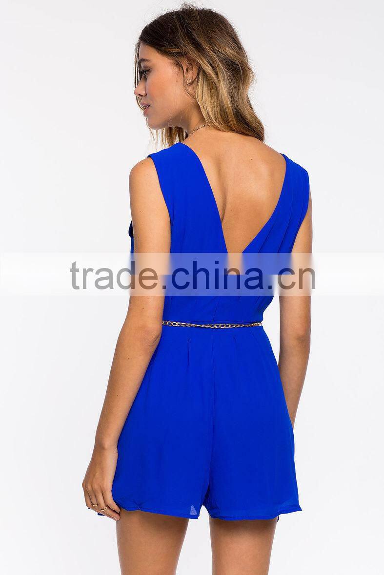 Fully lined sleeveless chiffon romper wholesale belted woman jumpsuit