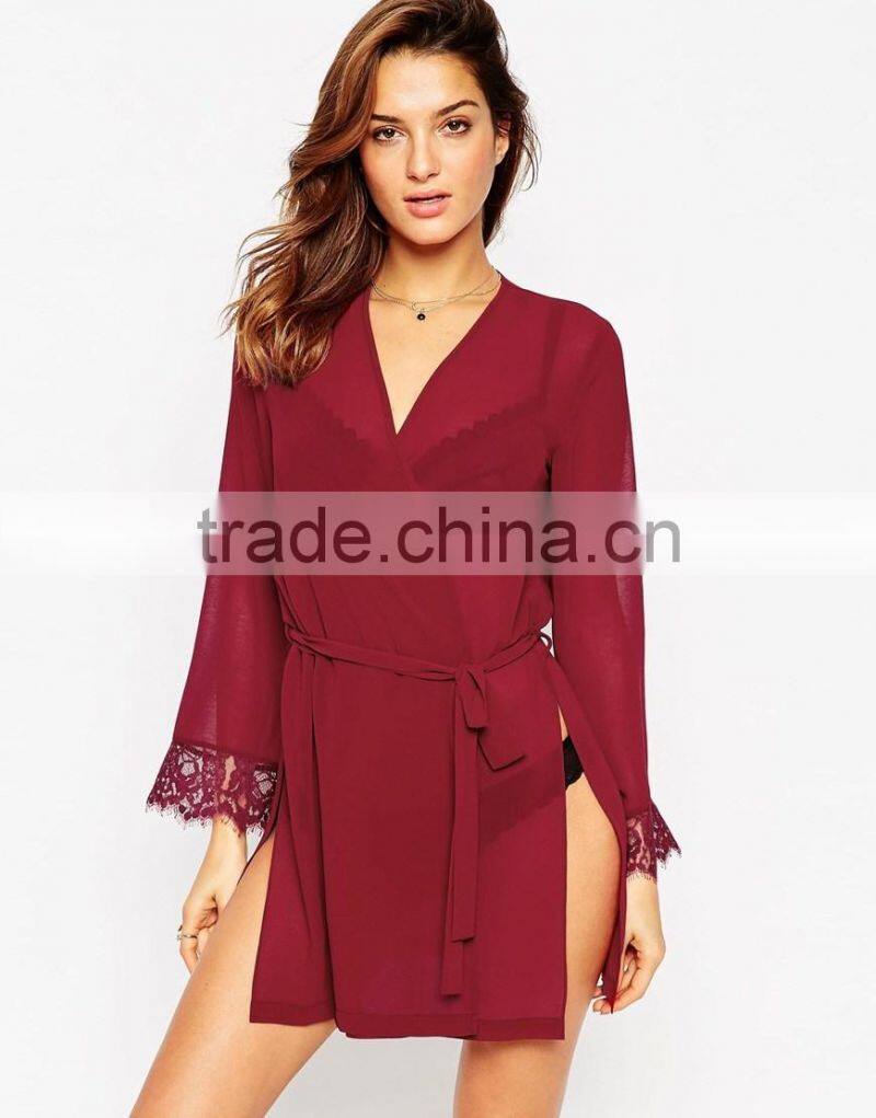Sexy fashion semitransparent chiffon fabric lace cuff robe for lady