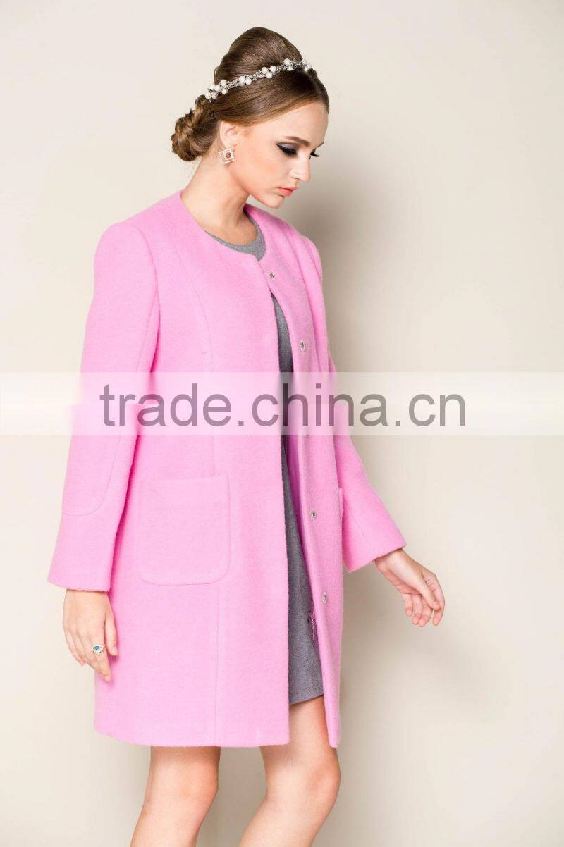 2015 latest fashionable o neck apricot plain style brand name women winter coat
