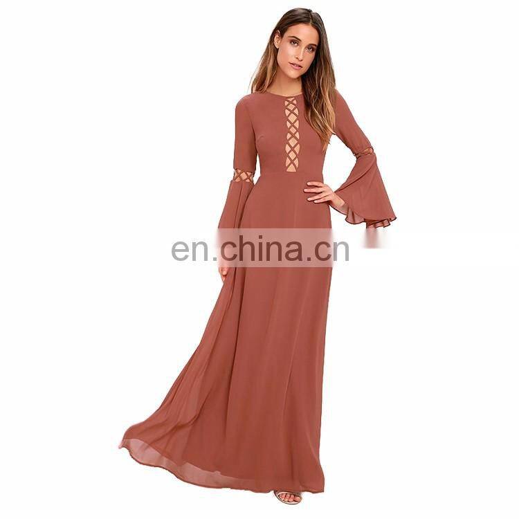 Fashion Smart Women Fashion Hollow Out Casual Long Dress Ladies Long Sleeve Maxi Dress