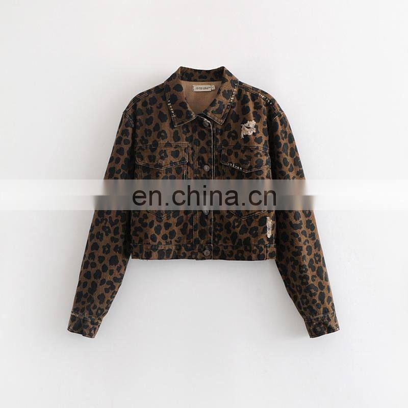 2020 New Design Women's Denim Jean Cropped Leopard Print Bomber Jacket