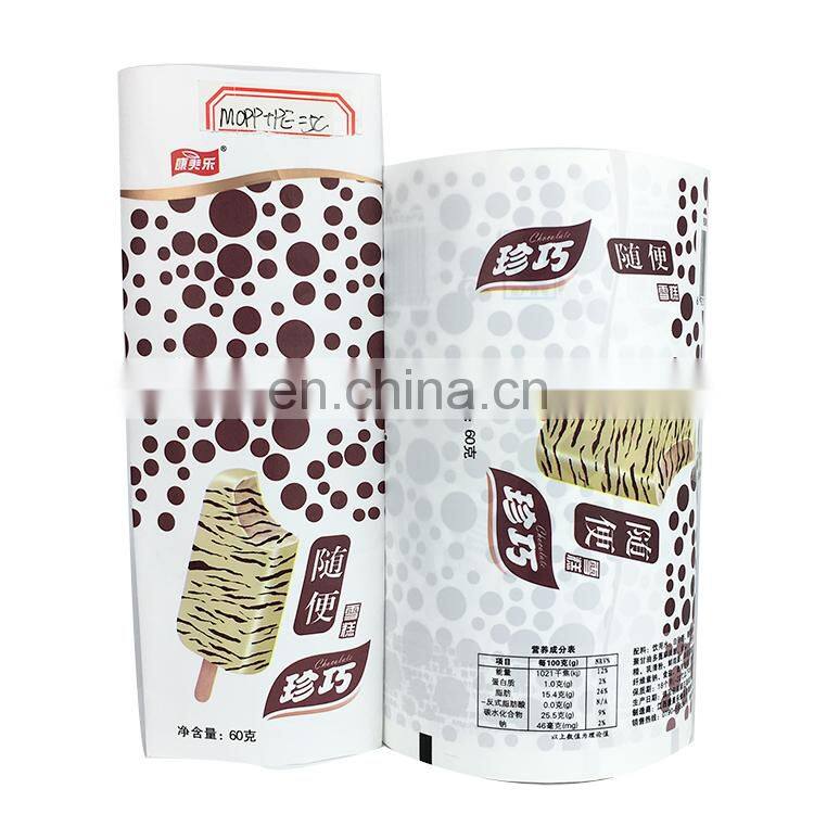 Costom suppliers laminated mopp/pe food packaging roll film for ice candy plastic film roll packaging for ice cream chip