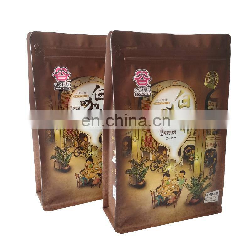 Recyclable stand up block bottom kraft paper packaging custom printed paper coffee zipper pouches for ipoh white coffee