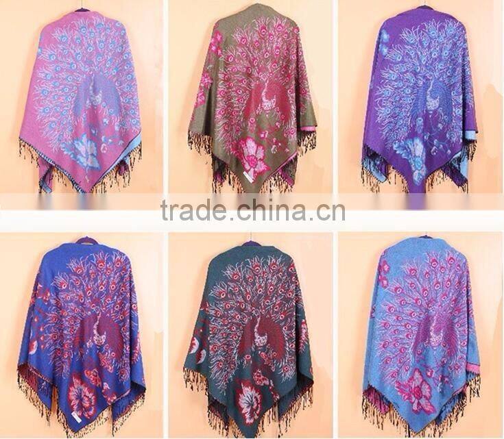 Wide Square Jacquard Peacock Stole Shawl Scarf