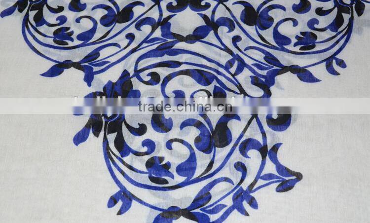 Autumun Winter Fashion Blue And White Porcelain Printing Cotton Pashmina Scarf With Tassel