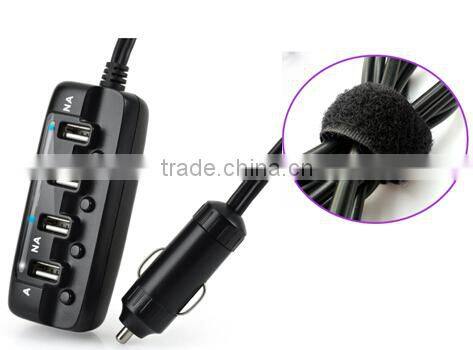 Top Selling 2015 4 Port Female USB Socket Car Charger with Cable & Individual Switch & LED Light