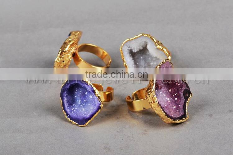 Fashion Vintage Antique Ajustable Golden Plated Druzy Geode Agate Statement Wide Ring
