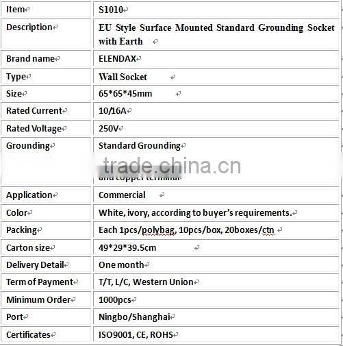 EU Style Surface Mounted Standard Grounding Socket with Earth (S1010)