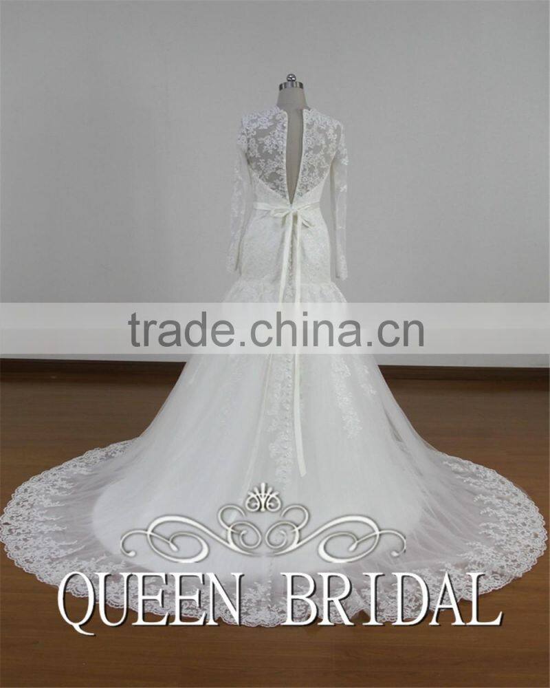 Real Sample Appliqued Lace Long Sleeve Mermaid Islamic Wedding Dress Patterns
