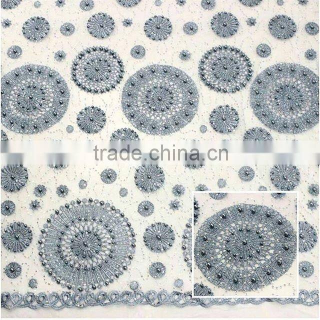 Gold beaded and sequins tulle with lace border/pearls tulle net lace for wedding dress