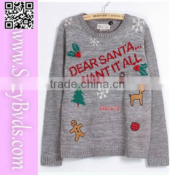 Wholesale adult gray ugly christmas jumper sweater with snowflake and deer