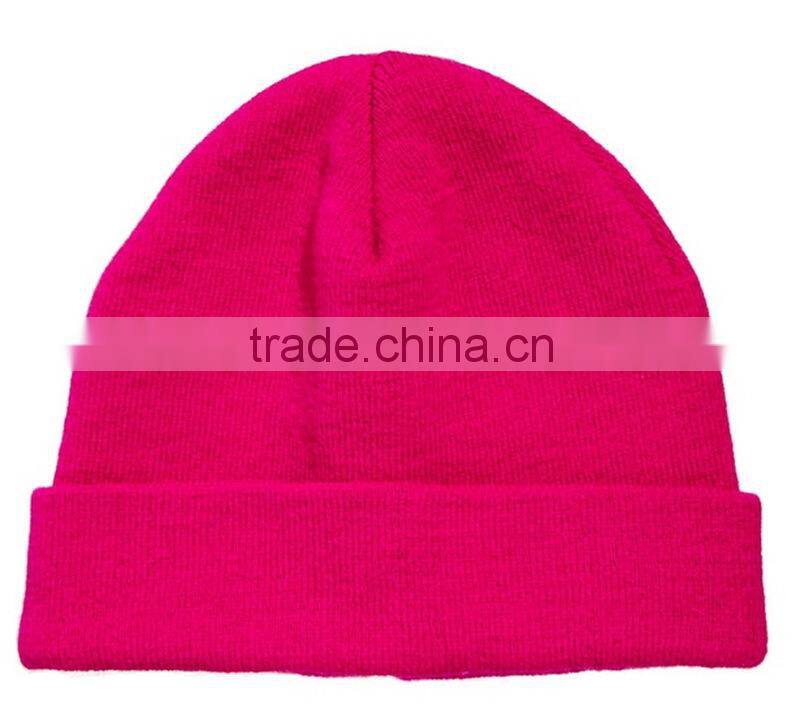 100% acrylic plain knit short beanie promotional hat with turn up cuff