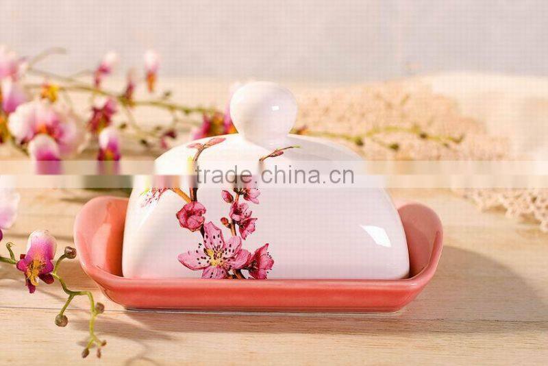Elegant Ceramic Butter Dish with Peach Flower Decal