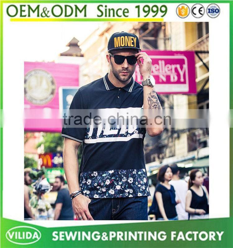 Custom made new fashion fat men's big size stitching printed polo shirt