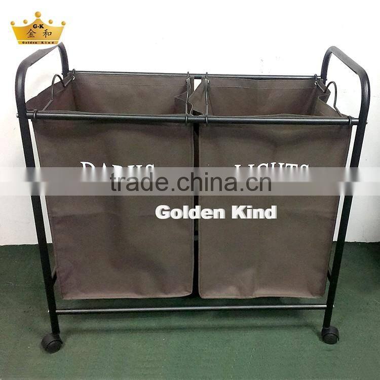New Design Waterproof Oxford 2 Bins Bags laundry Sorter cart with wheels