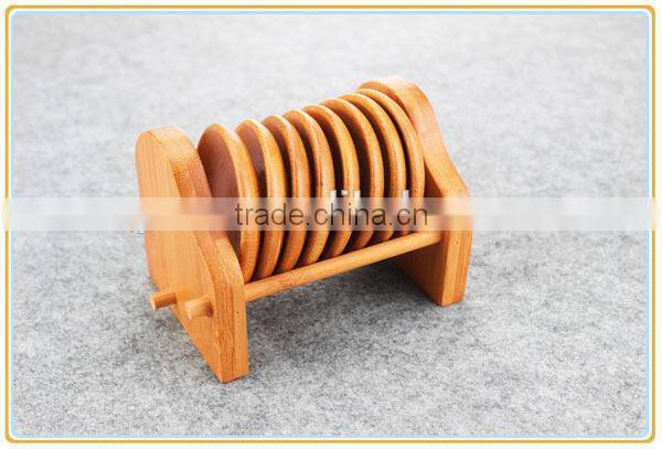Tea Round Bamboo Wood Trivet Coaster Placemat Tool Set with Holder Rack