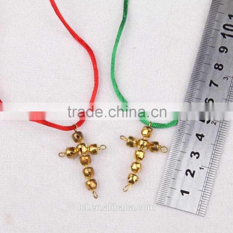 New arrival imitati jewelry cross bling handmade necklace cute girl religious necklaceRed and green bell necklace fo cotton rope