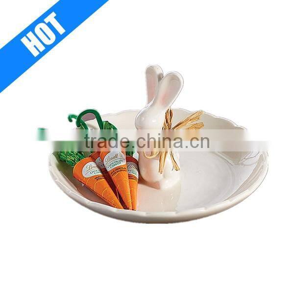 Hand painted ceramic white Easter bunny plate