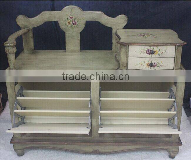 BISINI Handpainting Chair with Telephone Table, Solid Wood Shoe Changing Chair with Storage Cabinet (BF01-X1190)