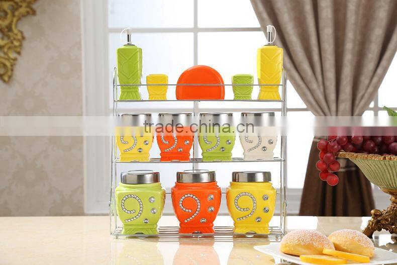 ceramic porcelain canister,ceramic canister set,storage jar, with stainless metal stand