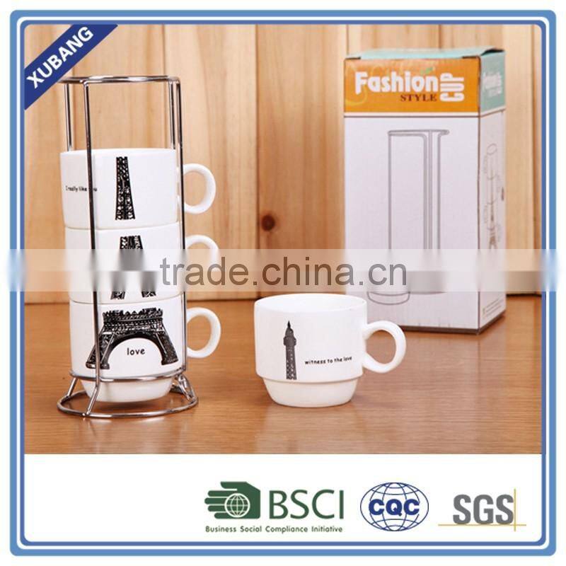 2016 New design Ceramic coffee cups set of 4pcs with metal rack for sale