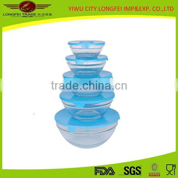 5PCS Cheap Round Glass Salad Ice Bowl Set WIth Lid