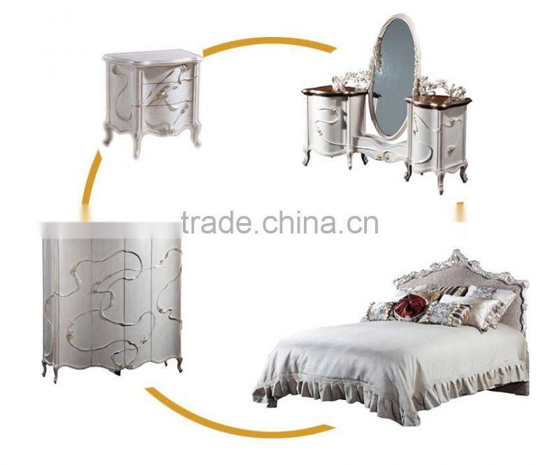 Classic Antique European Snow White Carving Floral King Bed with Matching Nightstand and Wardrobe BF12-03284b