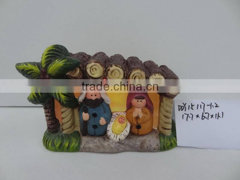 Antique ceramic nativity house scene figurines set with led lights
