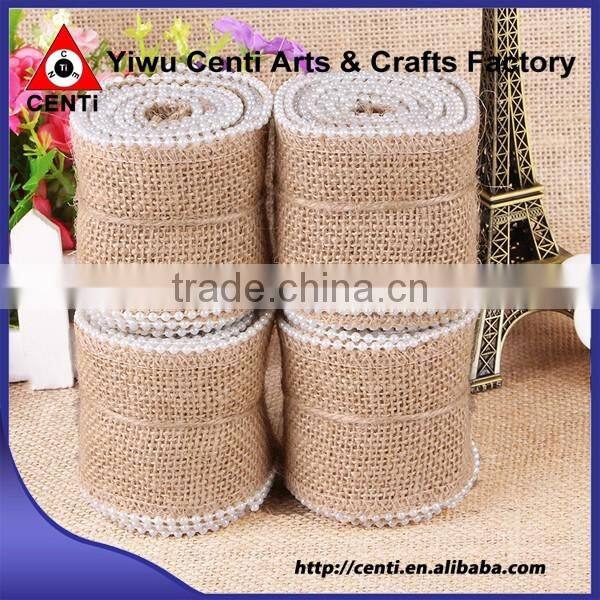 Natural Decorative Jute Hessian Burlap Ribbon With Pearl Wholesale