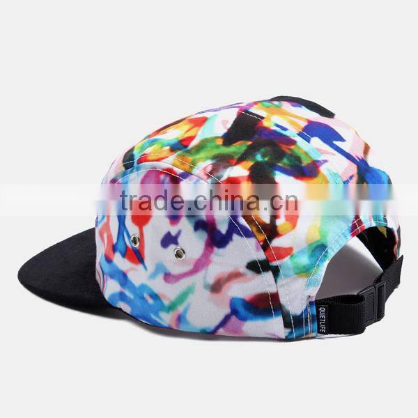 High Quality Small Order Digital Printing Front Woven Label Custom Floral Fashion 5 Panel Hat