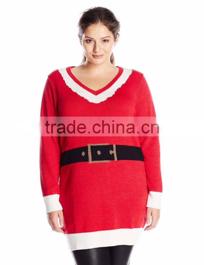 Women Red Sweater Tunic Trim Pattern Christmas Knitwear