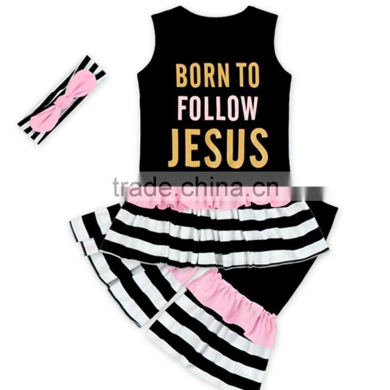 Wholesale 3pcs children clothing set sleeveless ruffle 3 layers edible fungus shirt and pant gilr short layeredtriple ruffle set