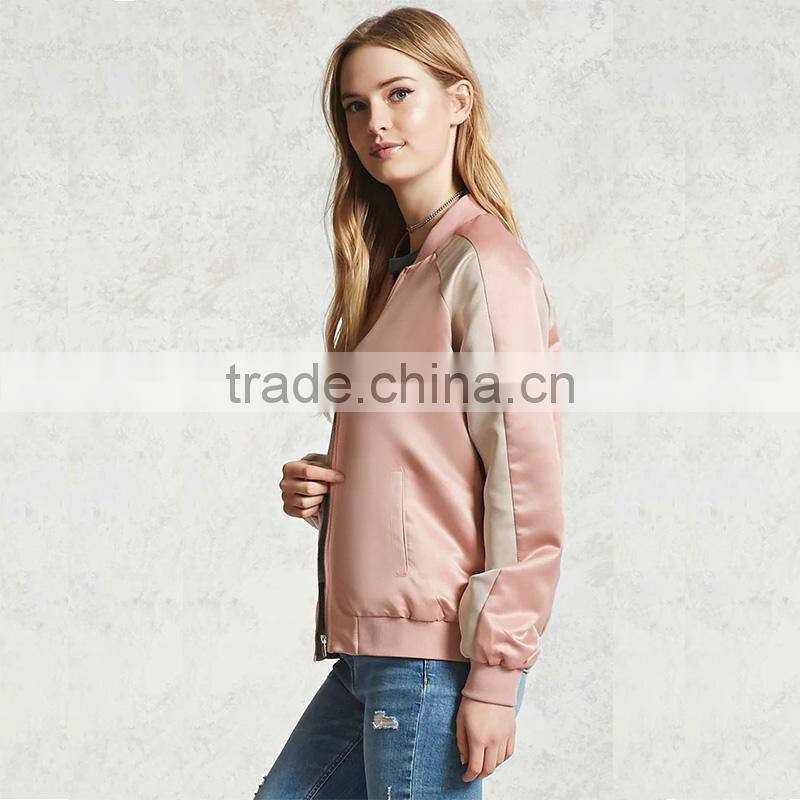 2017 Womens windproof satin contrast ribbed knit trim bomber jackets