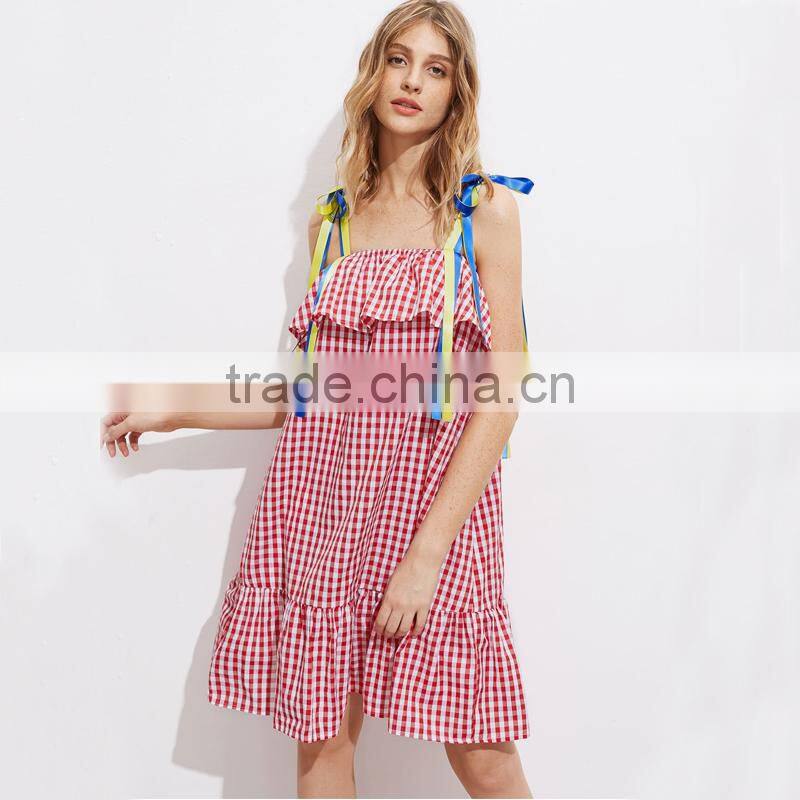 Cute ruffled hem self tie dress, ladies red cotton sleeveless dress