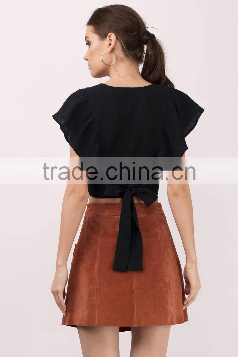 2017 latest fashion design lady clothing summer black Ruffle Sleeve Top