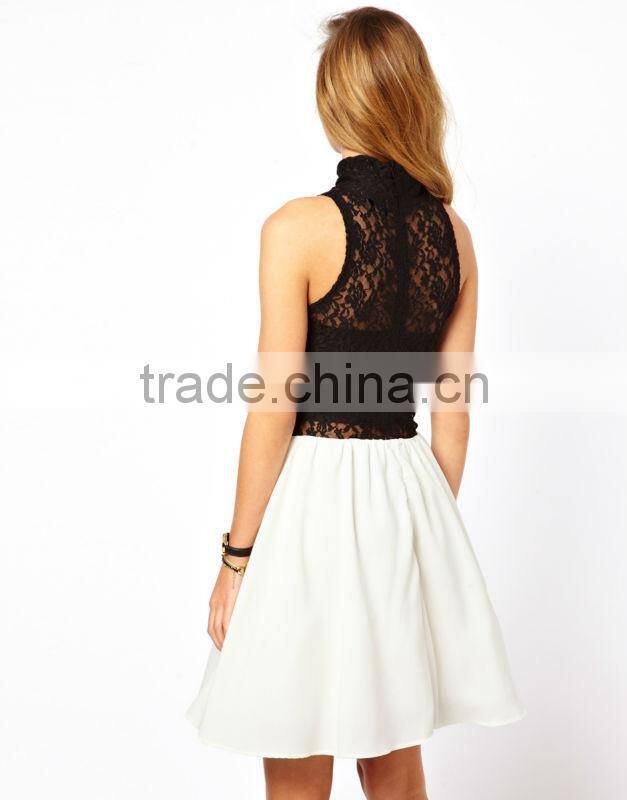 Sleeveless Skater Dress with Lace High Neck