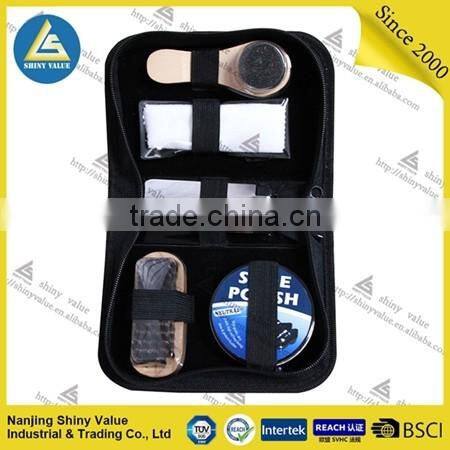 compact PVC bag shoe care kit with pig's hair shoe brush for men