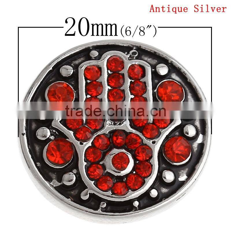 Round Antique Silver Red Rhinestone Hamsa Symbol Hands Carved Snap Button