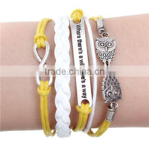 Wax Rope Braiding Bracelets Yellow & White Antique Silver Owl Halloween & Infinity Symbol Findings 18cm