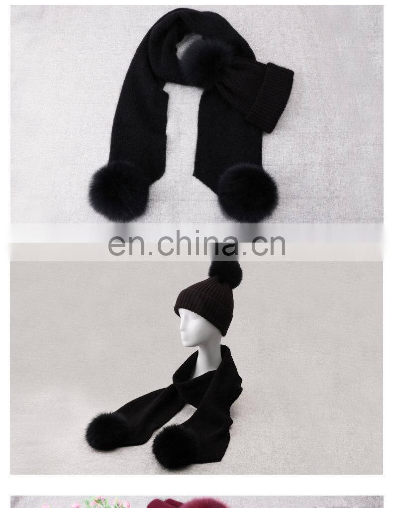 Winter Wool Knitted Beanies Scarf Fox Fur Pompom Knitted Hat Wool